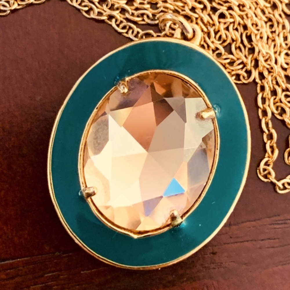 J Crew Gold Tone Champagne Crystal Green Long Pendant Necklace 36”